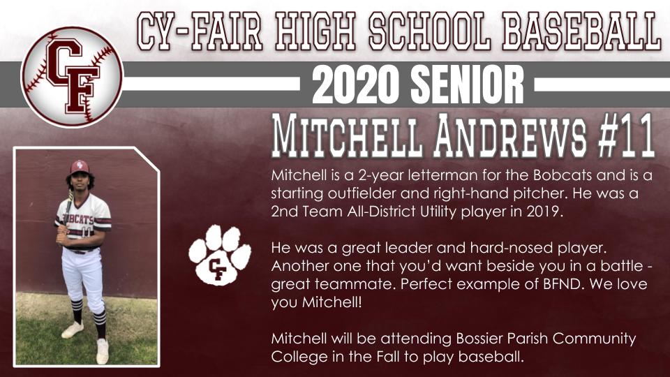 BFNDAthletics's tweet photo. Finishing out our senior recognition's with our Baseball Players. Introducing our Class of 2020 Cy-Fair Bobcat Baseball Seniors! Anthony Gross, Mitchell Andrew, Alec Aranda and Adrian Aleman! #BFND #CFHS2020 https://t.co/5joYI1m4gj