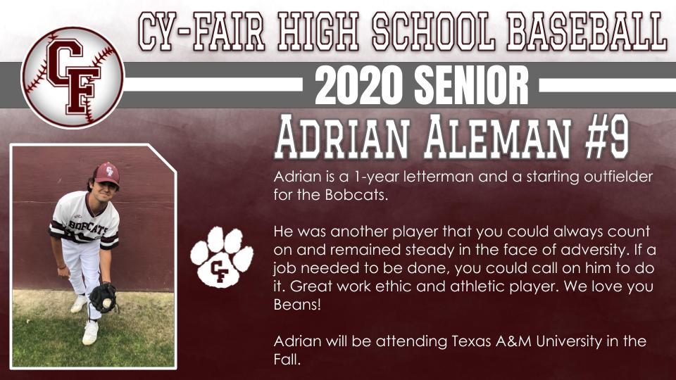 BFNDAthletics's tweet photo. Finishing out our senior recognition's with our Baseball Players. Introducing our Class of 2020 Cy-Fair Bobcat Baseball Seniors! Anthony Gross, Mitchell Andrew, Alec Aranda and Adrian Aleman! #BFND #CFHS2020 https://t.co/5joYI1m4gj