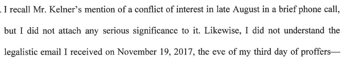 Flynn cuts off the narrative abt his cooperation by returning to what he claims were two warnings about conflict. The record shows there were (at least) three.