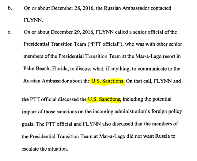 3/ subparagraph (c) of Statement of Offense used the defined term "U.S. Sanctions" is used in relation to topic of conversation between Flynn and Transition official