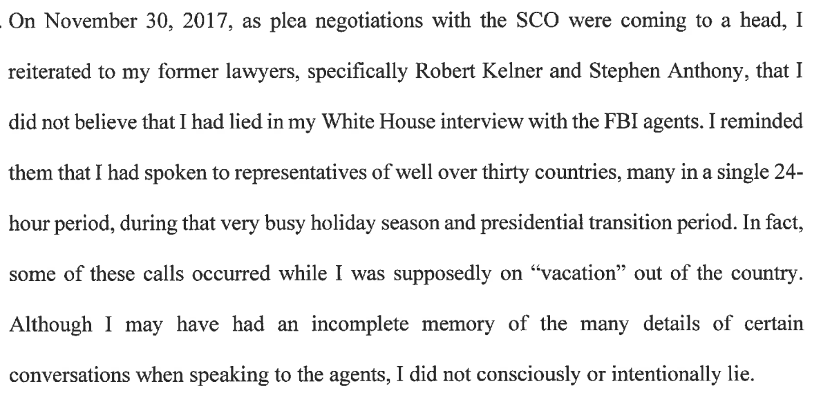 This is an utterly central claim in Flynn's narrative. Remember that RWNJs were giving Flynn misleading version of this, misleading versions that still hold sway. But it's also one Flynn said didn't matter in his 12/18/18 sworn plea colloquy.