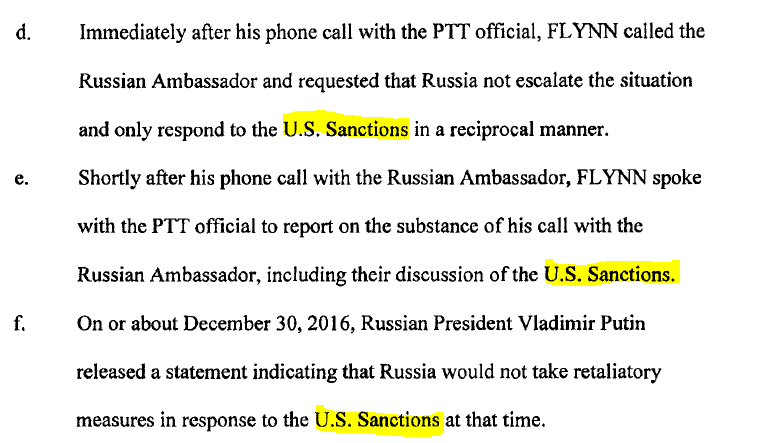 4/ subparagraphs (d), (e) and (f) each use the defined term "U.S. Sanctions" to characterize topics supposedly discussed by Flynn and Russian ambassador Kislyak