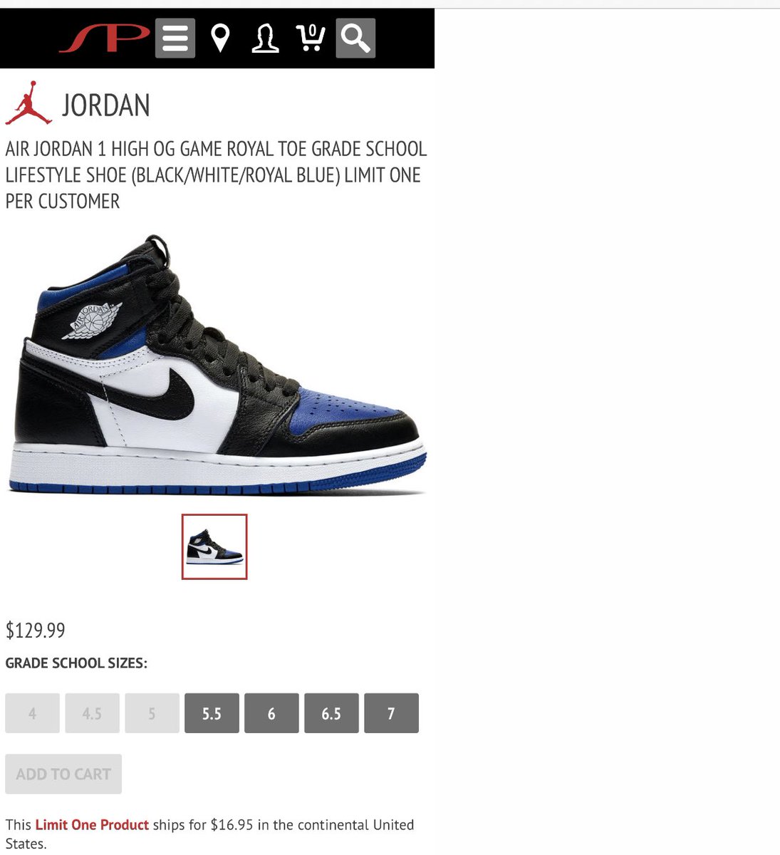 jordan retro 1 royal toe grade school