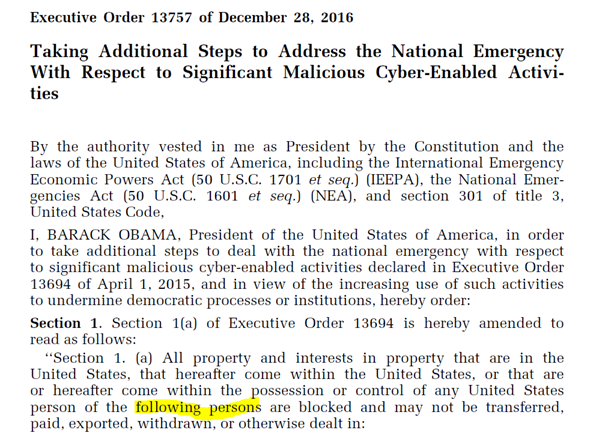 6/ recall that the term "U.S. Sanctions" is defined as the sanctions issued in Executive Order 13757, which was published on Jan 3  https://www.treasury.gov/resource-center/sanctions/Programs/Documents/cyber2_eo.pdf (after being issued in press release on Dec 29  https://obamawhitehouse.archives.gov/the-press-office/2016/12/29/executive-order-taking-additional-steps-address-national-emergency