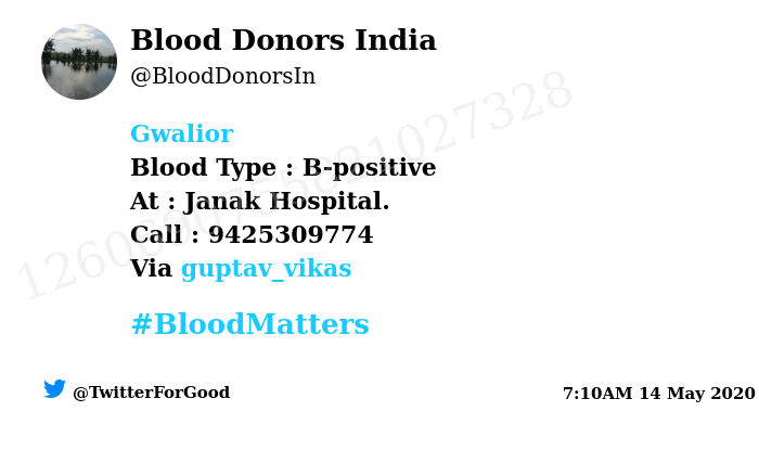 BloodDonorsIn's tweet photo. #Gwalior
Need #Blood Type :  B-positive
At : Janak Hospital. 
Number of Units : 4
Primary Number : 9425309774
Via: @guptav_vikas
#BloodMatters
Powered by Twitter https://t.co/8Cy5WoPcDK