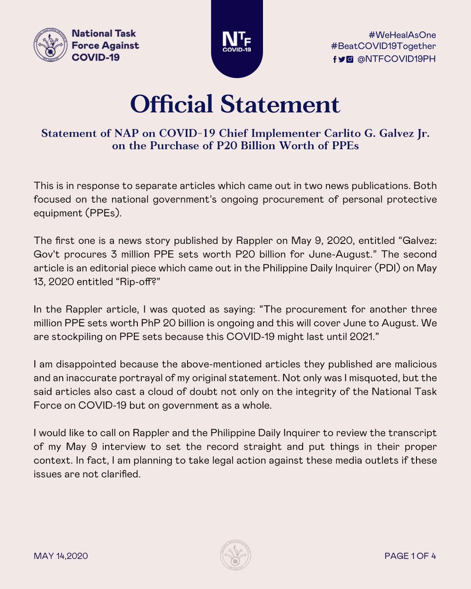 ntfcovid19ph's tweet photo. Apologies we updated the statement cards to correctly reflect the position of Secretary Galvez as "NAP on COVID-19 Chief Implementer". Thank you. https://t.co/vHzxapfxId