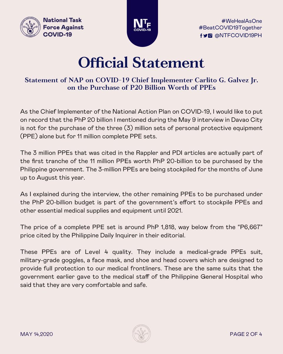 ntfcovid19ph's tweet photo. Apologies we updated the statement cards to correctly reflect the position of Secretary Galvez as "NAP on COVID-19 Chief Implementer". Thank you. https://t.co/vHzxapfxId