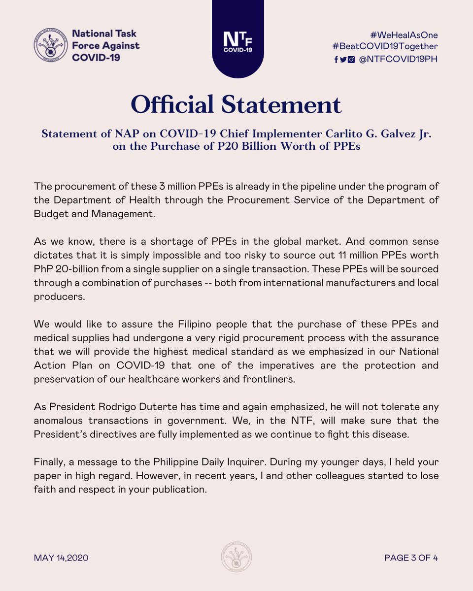 ntfcovid19ph's tweet photo. Apologies we updated the statement cards to correctly reflect the position of Secretary Galvez as "NAP on COVID-19 Chief Implementer". Thank you. https://t.co/vHzxapfxId