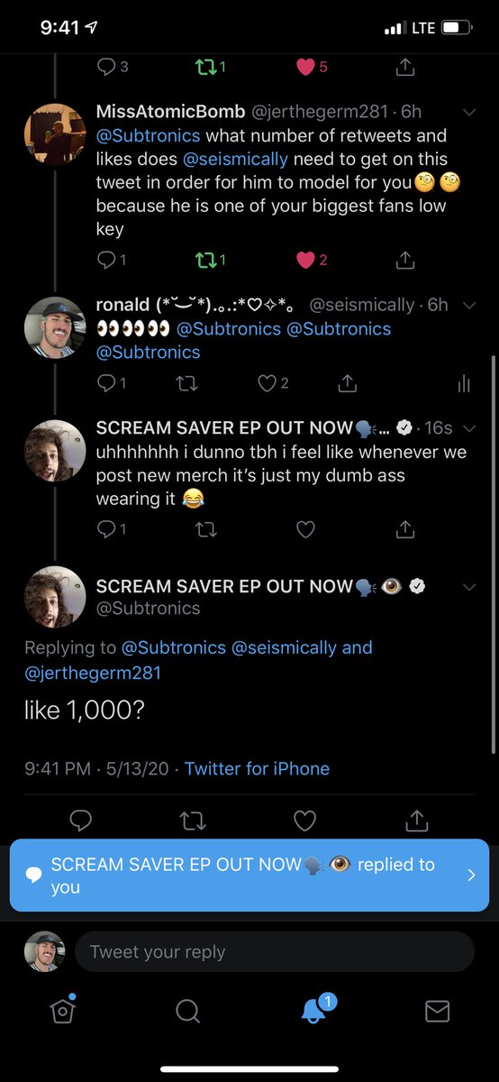 seismically's tweet photo. my fav @Subtronics said i can model his merch if i get 1000 retweets/likes, can we make that happen? 🥺 https://t.co/juocmphhoi