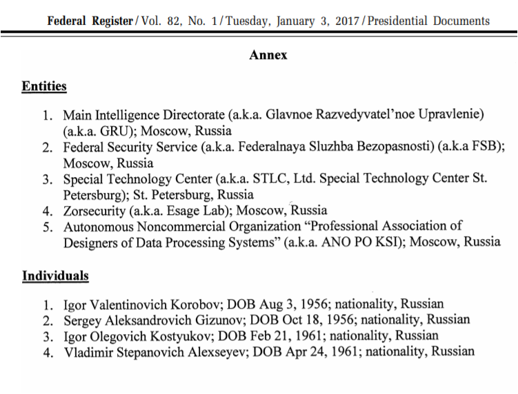9/ the organizations listed in the Annex included the GRU and FSB, while individuals included Igor Korobov, Sergey Gizunov, Igor Kostyukov and Vladimir Alekseyev.