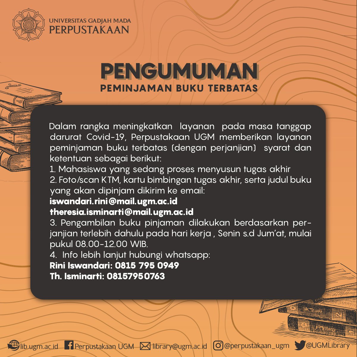 UGMLibrary's tweet photo. Hallo sobat perpus! Dalam situasi ini, teman-teman tidak bisa berkunjung langsung ke Perpustakaan UGM.
Untuk itu, dalam rangka meningkatkan layanan pada masa tanggap darurat Covid-19, Perpustakaan UGM memberikan layanan peminjaman buku terbatas.
#Perpustakaan UGM
#UGMlibrary https://t.co/0l2UAhNiir