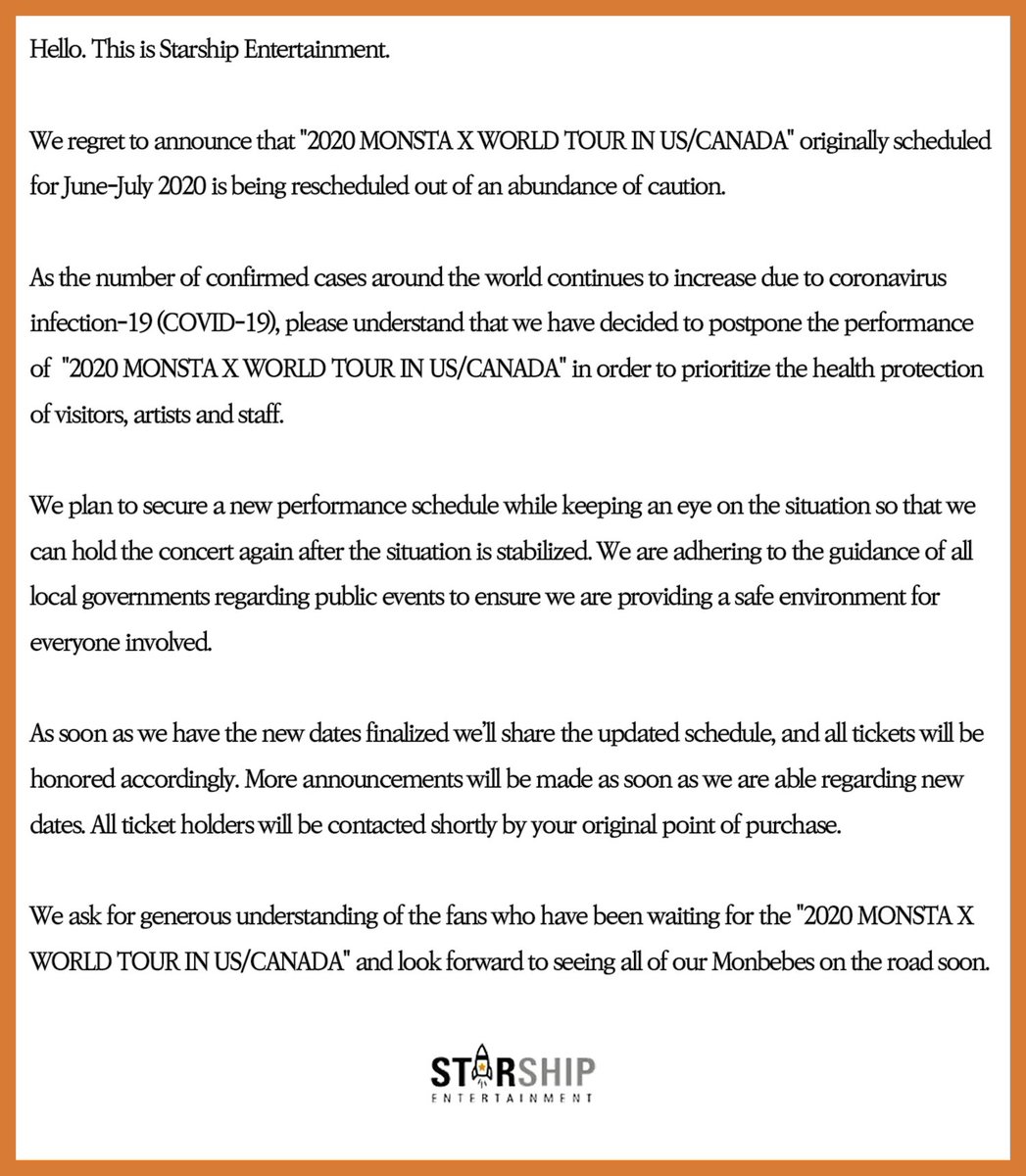 [#MONSTA_X]
2020 MONSTA X WORLD TOUR IN US/CANADA 공연 연기 관련 안내드립니다.