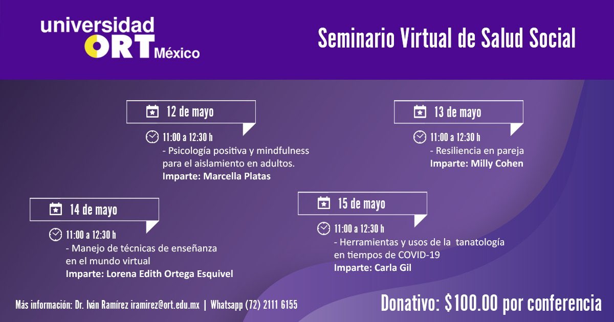 JAP_CDMX's tweet photo. El día de mañana no te pierdas el Seminario Virtual de Salud Social de la @UnivORTMx y la #JAPDF.
Fecha: Jueves 14 de mayo
Hora: 11 hrs
Tema: Manejo de técnicas de enseñanza en el mundo virtual
Ponente: Mtra. Lorena Edith Ortega
Ingresa sin costo en: https://t.co/t5q4y6ZNvm https://t.co/pT2Yvp0gas