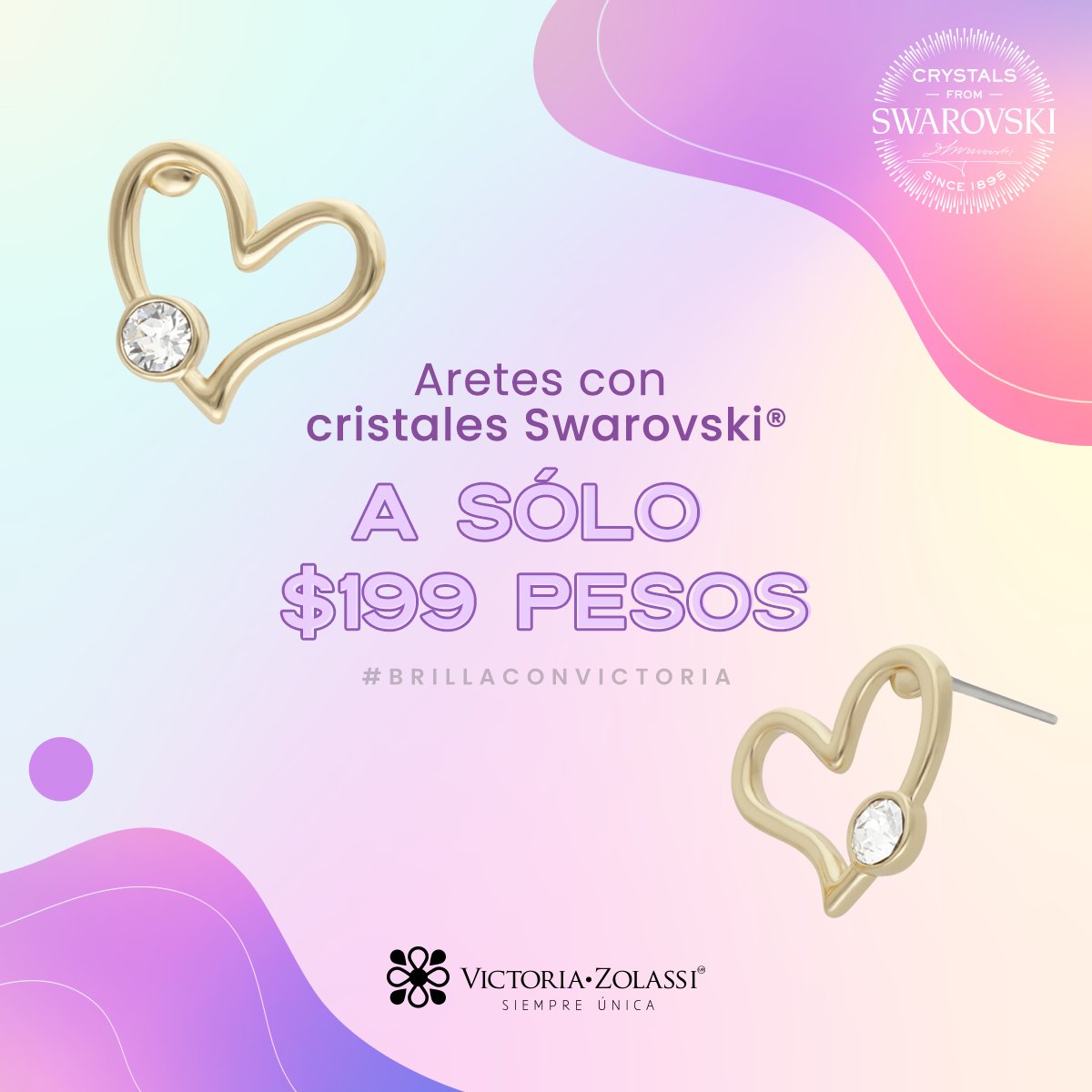 VictoriaZolassi's tweet photo. Convierte estos aretes elaborados con cristales Swarovski® en tu accesorio favorito del día a día, por sólo $199 pesos. #BrillaConVictoria https://t.co/D0CoI79M5a