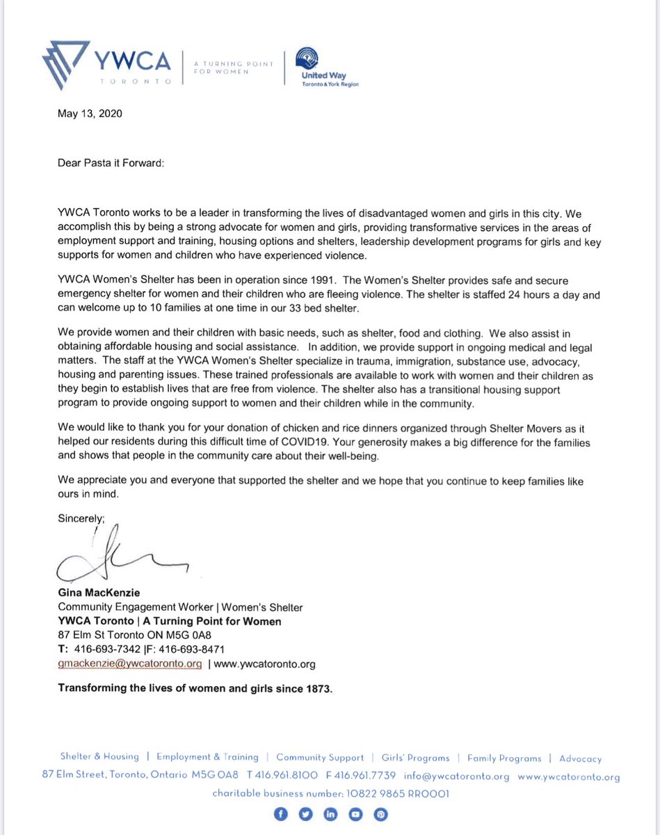 francestibollo's tweet photo. @YWCAToronto thank you for the beautiful letter! Looking forward to serving you again soon #pastaitforward  @pastaitforward https://t.co/n7fgmNBZVv
