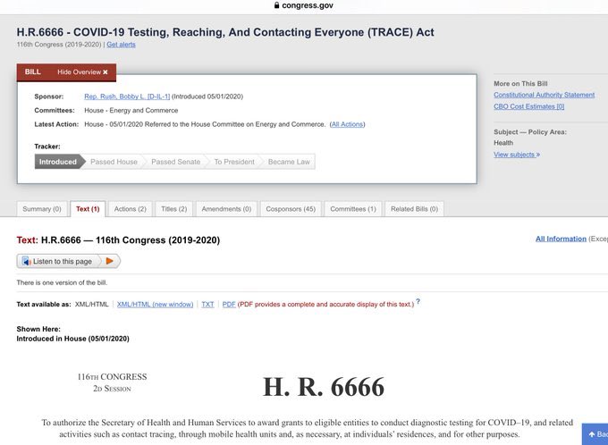 Part 11“Coronavirus COVID19” ThreadHR6666 - COVID19 Testing, Reaching & Contacting Everyone (TRACE) ActDefeat this Bill before it goes further. If people are sick they can go to the doctor or hospital. Tracking & house arrest are for criminals. https://twitter.com/dmills3710/status/1259269269201846272?s=21  https://twitter.com/dmills3710/status/1254612965120184320