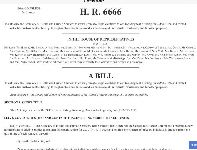 Part 11“Coronavirus COVID19” ThreadHR6666 - COVID19 Testing, Reaching & Contacting Everyone (TRACE) ActDefeat this Bill before it goes further. If people are sick they can go to the doctor or hospital. Tracking & house arrest are for criminals. https://twitter.com/dmills3710/status/1259269269201846272?s=21  https://twitter.com/dmills3710/status/1254612965120184320
