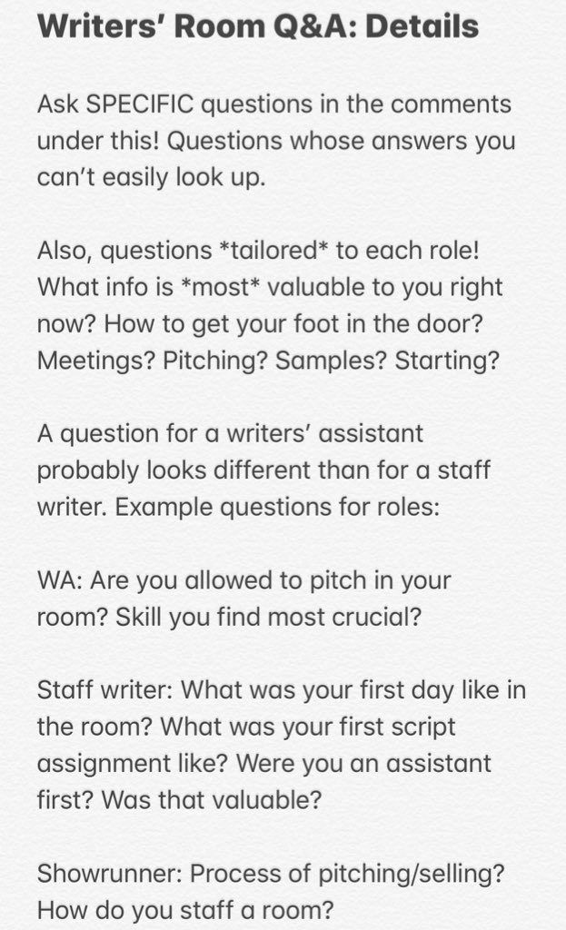 WRITERS, I’ve set up Q&A’s with a writers’ assistant, staff writer, and showrunner(s)! All amazing folks! Drop your questions below! I/they’ll pick from them. I’ll then post their answers for y’all to do with them what you will!Details  Please RT/share!