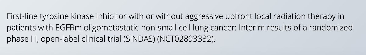 ⚡️More data in support of #radiotherapy in oligometastatic NSCLC

EGFR+ Stage IV NSCLC ≤5 mets randomized to 1st line TKI +/- SBRT to ALL sites

⬆️Median OS: 25.5 v 17.4 mo
⬆️Median PFS: 20.2 v 12.5 mo

Slightly higher pneumonitis &amp; esophagitis

#lcsm #oncoalert #ASCO20 #radonc