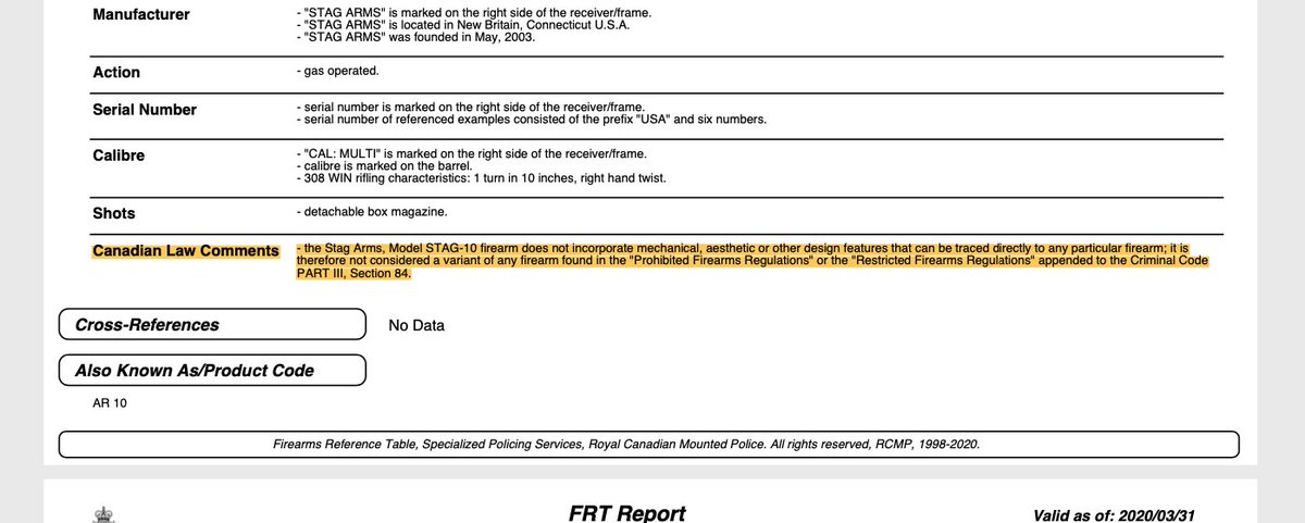 armalytics's tweet image. Many "Canadian Law Comments" sections were removed from the FRT.

Last month for the STAG-10, the RCMP admit that it "does not incorporate mechanical, aesthetic or other design features that can be traced directly to any particular firearm".  But now it is an AR-10 variant?
