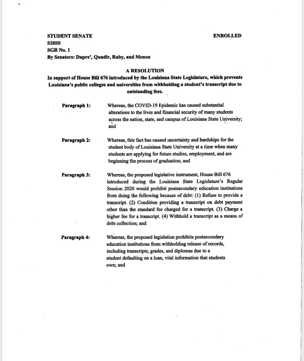 lsusgprez's tweet image. LSU Student Government proudly supports House Bill 676 by @JulieEmerson which prevents Louisiana’s public colleges and universities from withholding a student’s transcript due to outstanding fees. #FreeTheTranscripts #GeauxTigers