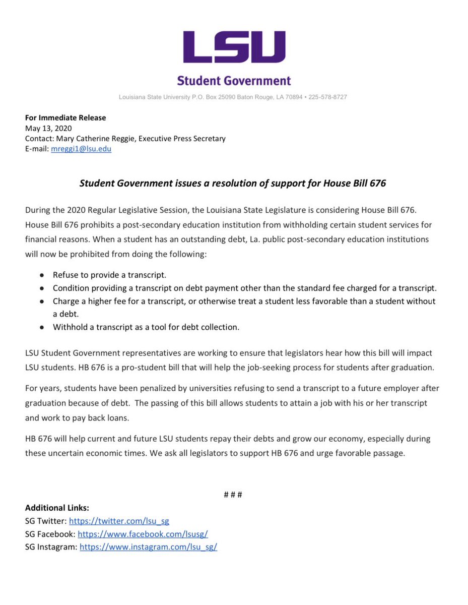 lsusgprez's tweet image. LSU Student Government proudly supports House Bill 676 by @JulieEmerson which prevents Louisiana’s public colleges and universities from withholding a student’s transcript due to outstanding fees. #FreeTheTranscripts #GeauxTigers