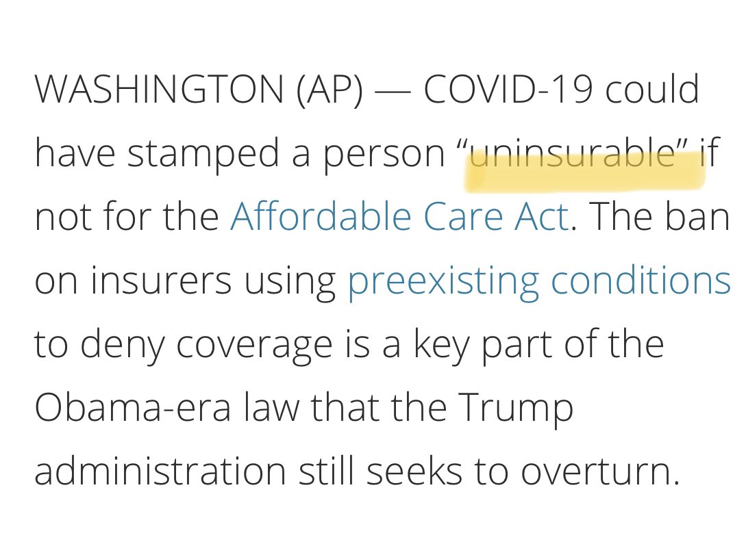 At a time when some Americans are worried about their rights being infringed upon, Trump is asking Americans to give up rights so insurance companies can label people & deny them care. 7/ https://hosted.ap.org/standardspeaker/article/f46a70d9471dd9d60be1c610b3bfd10f/time-covid-19-obamacare-still-part-action