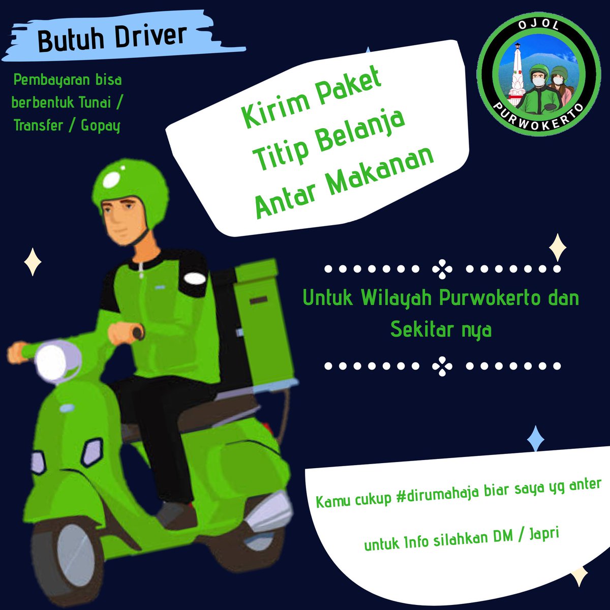 Ojol_Purwokerto's tweet photo. Sobat twitter di Area Purwokerto dan sekitarnya yg lg #ButuhDriver, yuk order untuk keperluan:
- Kirim barang
- Titip belanja

DM aja ya, InsyaAllah amanah.

Terima kasih 🙏 https://t.co/g7XexYJVfZ