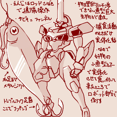 外出自粛で小樽に釣りに行けないので以前考えてた「ルアー釣りがテーマの巨大ロボットもの」のデザインをさくっとラフってみた('・ω・`) 
