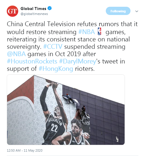 ICYMI: Responding to “recent rumors,” China’s state broadcaster CCTV says it has no plans to resume airing  #NBA   games in the country.  https://www.sixthtone.com/ht_news/1005651/cctv-nixes-return-of-nba-broadcasts-to-china