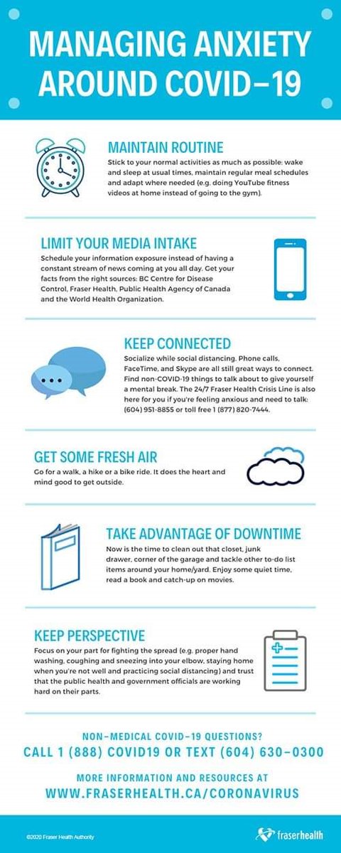 Limit screen time and make an effort to call up friends and family!  Check out these helpful tips from Fraser Health on managing anxiety around COVID-19 #WellnessWednesday  #farmsafety #AgSafeBC