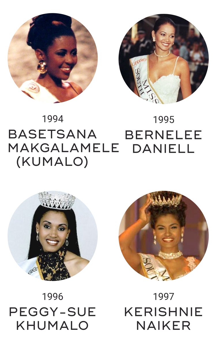 Feliciamabuza's tweet photo. Post #apartheid we saw young women take #MissSA baton from #AmyKleinhans '92 &amp; #JacquiMofokeng '93.

#BasetsanaKhumalo was 1st queen in '94.
#BerneleeDaniell 
#PeggySueKhumalo 
#KerishnieNaiker 
#SoniaRaciti
#HeatherHamilton
Thx
@DoreenMorris for honor to judge. They  inspire us. https://t.co/mPSrTSbwAG