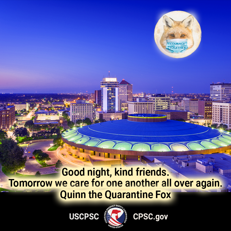 A fox in the moon over Wichita. The text reads: Good night kind friends. Tomorrow we care for one another all over again.