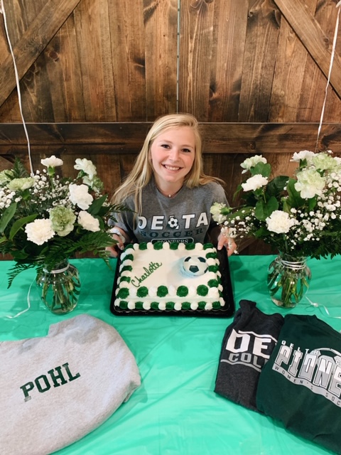 Dowathletics's tweet photo. Congratulations to H.H. Dow High's Charlotte Pohl as she celebrated her signing today at Delta College where she will continue to play Soccer.  Great Job Charlotte! #ChargerPride #ChargerStrong2020 https://t.co/sm0jvubDVn