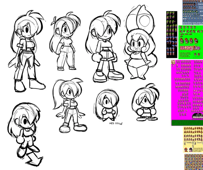 Trying to figure out how I want sprites of Riley and Pixels handled... Pixel artists, any suggestions?... I do want variations, but essentially I'm going to want to try to make an RPG Maker thing 