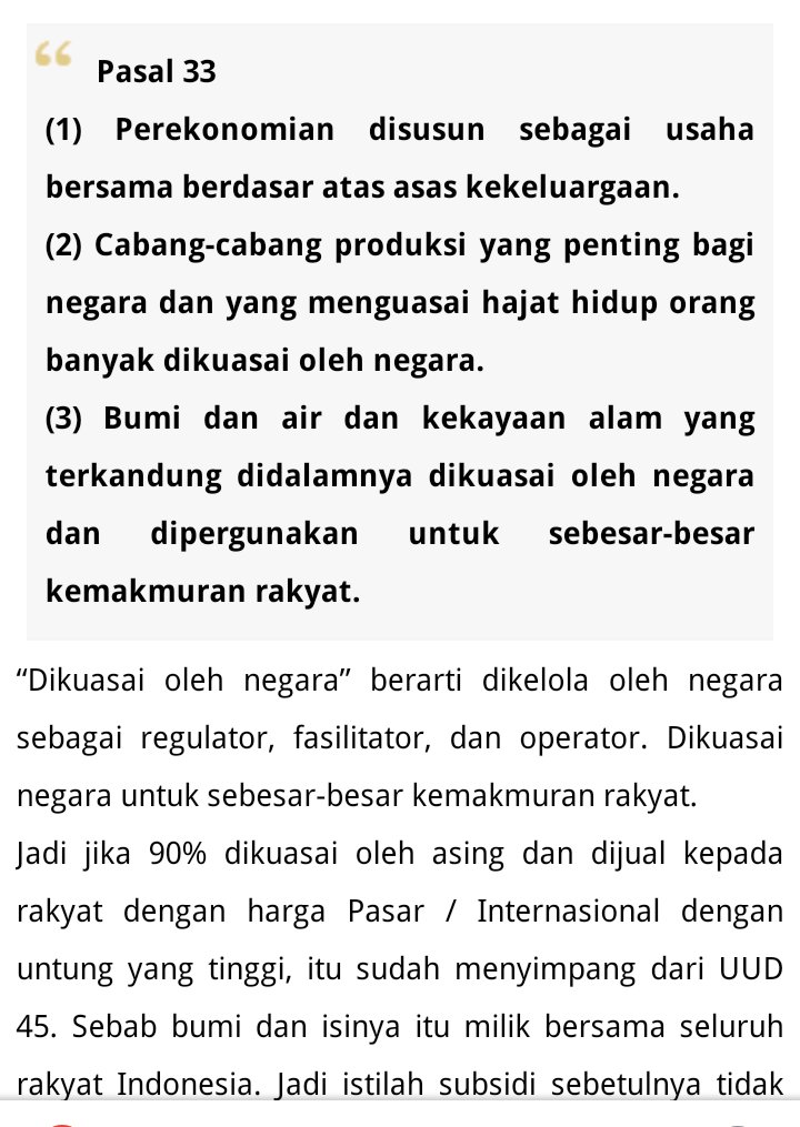 Bumi air dan kekayaan yang terkandung di dalamnya dikuasai oleh negara dan dipergunakan sebesar-besa