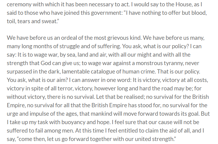 80 years ago today came one of the great political speeches in history, as Winston Churchill made his 1st speech as Prime Minister to the <a href="/HouseofCommons/">UK House of Commons</a>: "I have nothing to offer but blood, toil, tears and sweat." H/T <a href="/URDailyHistory/">Today In History</a> You can listen here: winstonchurchill.org/resources/spee…