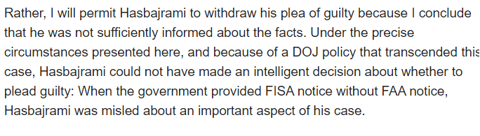 2/ Gleeson granted withdrawal for different reason: that defendant "was not sufficiently informed about the facts", in particular, that the govt had given FISA notice without FAA notice. The precise particulars of misinformation seem less relevant than principle.