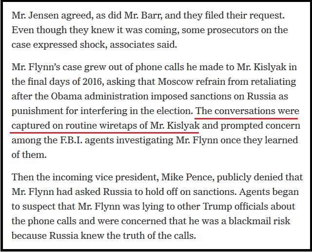 5. But the former FBI officials are *NOW* going to great lengths to say the Flynn-Kislyak intercept was "incidental collection". [Forgot to add  @The_War_Economy ]TODAY.TODAY. https://www.nytimes.com/2020/05/13/us/politics/bill-priestap-michael-flynn.html?smid=tw-share