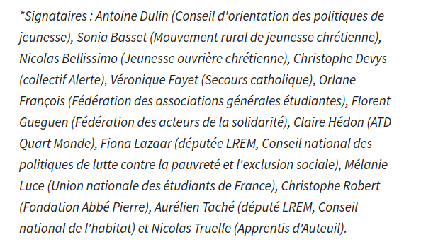 Les signataires de la tribune pr "l'extension du RSA", idiots utiles du RUA familial qui vient. On s'étonne pas, donc, de la présence des lrem.Mais qd on connaît pas bien le chômage, j'imagine qu'avec "bon coeur" on peut se dire: "oh ben oui, c'est vrai, faudrait étendre". Oui..