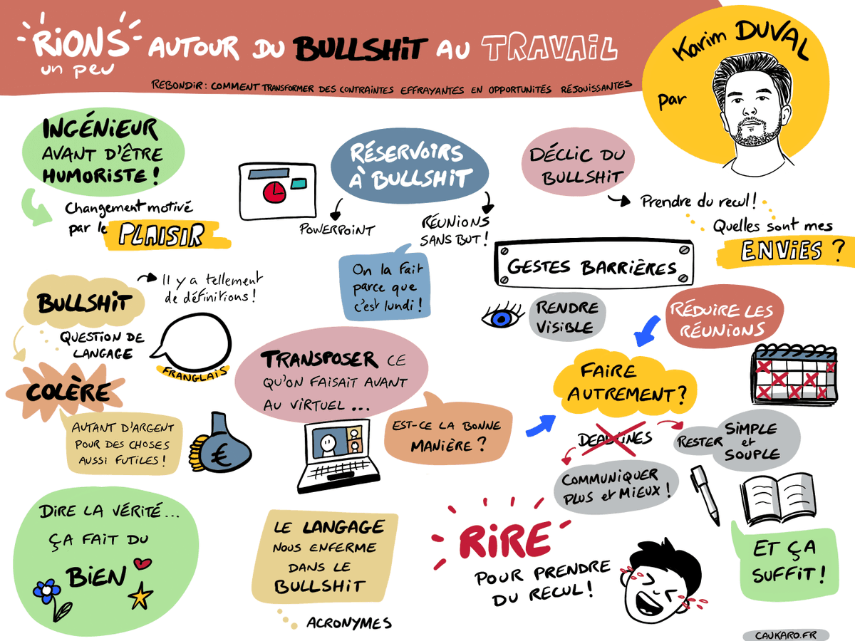 cau_karo's tweet photo. Sketchnote du webinar "Rions un peu autour du bulhshit au travail" par @KarimDuvalShow 

Merci à @nicolashennion et @FannyB_B pour l'organisation et l'animation ! Et ce n'est pas fini : https://t.co/rvovmYnysS

#sketchnote #bullshitautravail https://t.co/rqw1RZZzlU