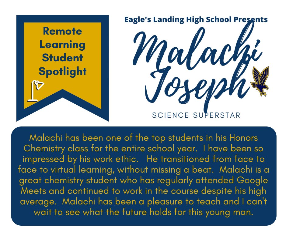ELHS_HCS's tweet image. Malachi Joseph is our next Remote Learning Student Spotlight! He is truly a Chemistry Superstar according to Dr. Johnson! Way to go Malachi! @DrKeshaJones1 @KindraTukes @drwilliams08 #ELHSRemoteLearningSpotlight #RemoteLearninginHenry  #studentsintherace