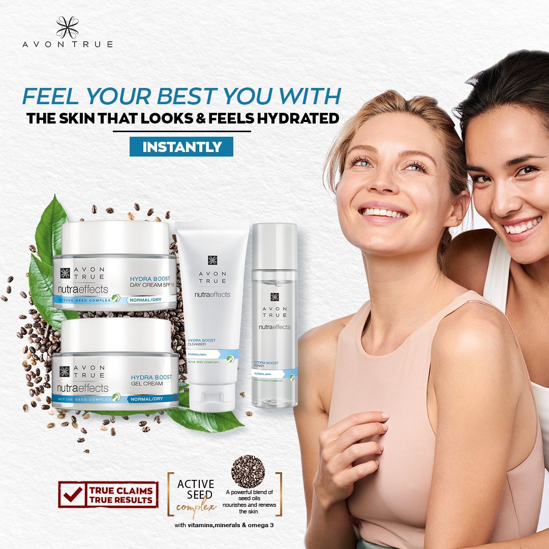 AvonIndia's tweet photo. A moisturized face is a happy face! Get skin that looks and feels hydrated instantly with Avon True #NutraEffects Hydra Boost Regimen. Formulated with chia seeds, OMEGA 3 acids, and vitamins & minerals, it makes your skin moisturized and hydrated. https://t.co/tSiMZRgLSy