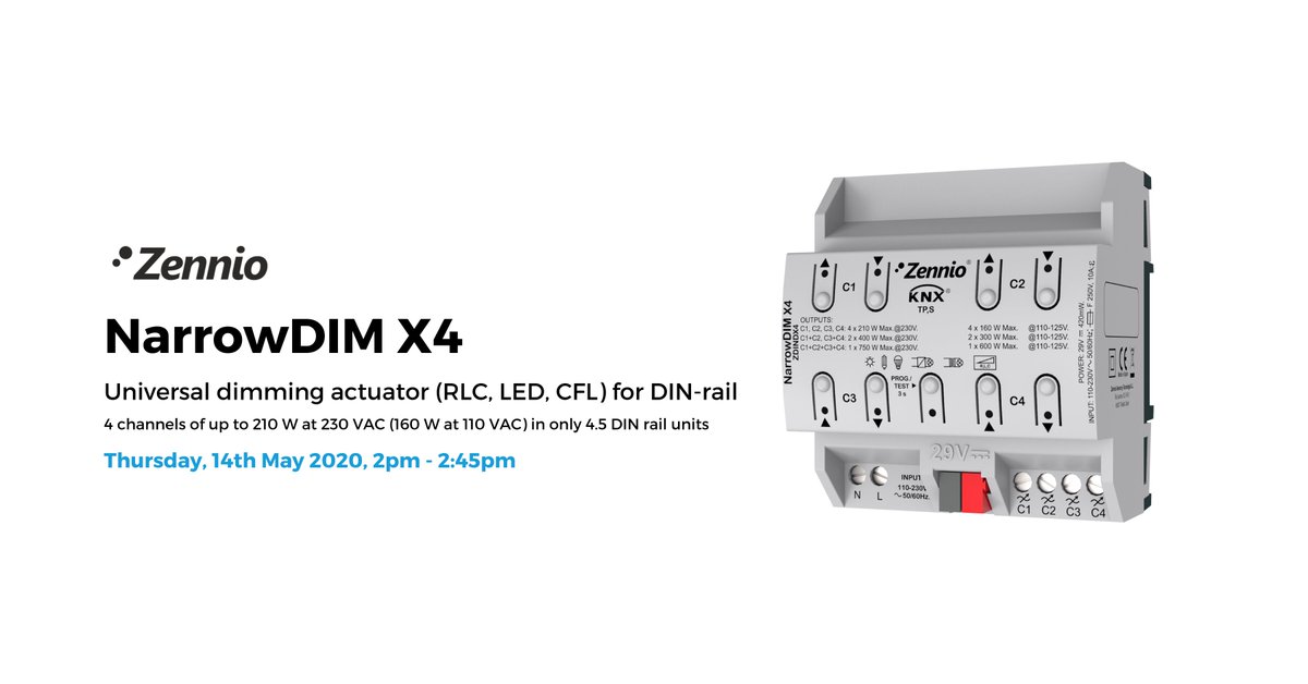 Join us this afternoon from 2pm to learn more #Zennio NEW Universal Dimming Actuator, NarrowDim X4!

✅Reduced load and ideal for #LED dimming
✅Half the size of the previous 4 channel dimmer
✅Save a huge amount of time on projects

👉bit.ly/3ceSqvg

#bemcoknx