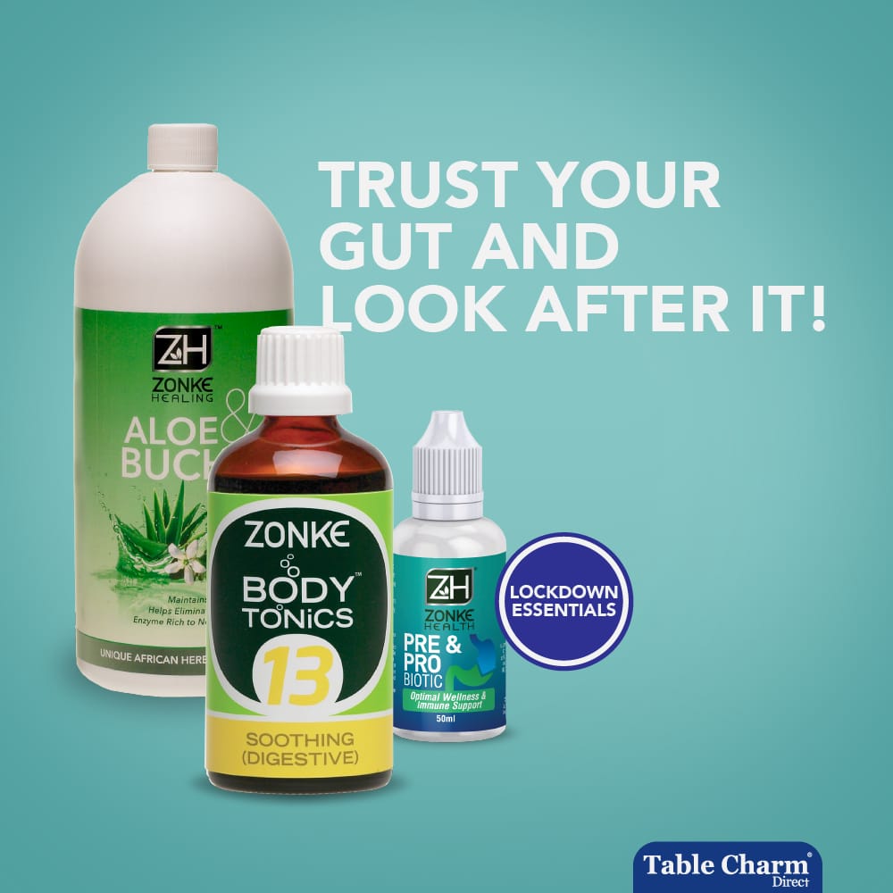 TableCharmSA's tweet photo. Get the full benefit from your food you by keeping your digestive tract in tip top condition. Zonke Health Pre & Pro Biotics together with Aloe and Buchu are a great way to ensure that your gut stays healthy and you benefit from the nutrients in your food! #StayHomeWithTCDirect https://t.co/iDjWkfTqNB