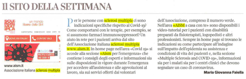 aism_nazionale's tweet photo. Siamo il sito della settimana segnalato da @Corriere_Salute!  Un riconoscimento al nostro lavoro di informazione nel tempo dell'emergenza #coronavirus per tutte le persone con #sclerosimultipla. Grazie! https://t.co/9aEnfn7GUE