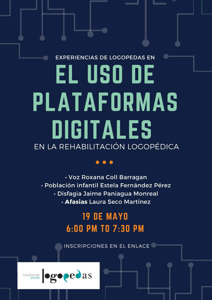 ColeLogoMadrid's tweet photo. No os perdáis el encuentro online gratuito "Experiencias de #logopedas en  el uso de plataformas digitales en la rehabilitación logopédica" el próximo 19 de mayo #logopedas #covid19  #CPLCM 
Inscripciones:
https://t.co/2zI9BgQ04l https://t.co/vQx6F6dSpa