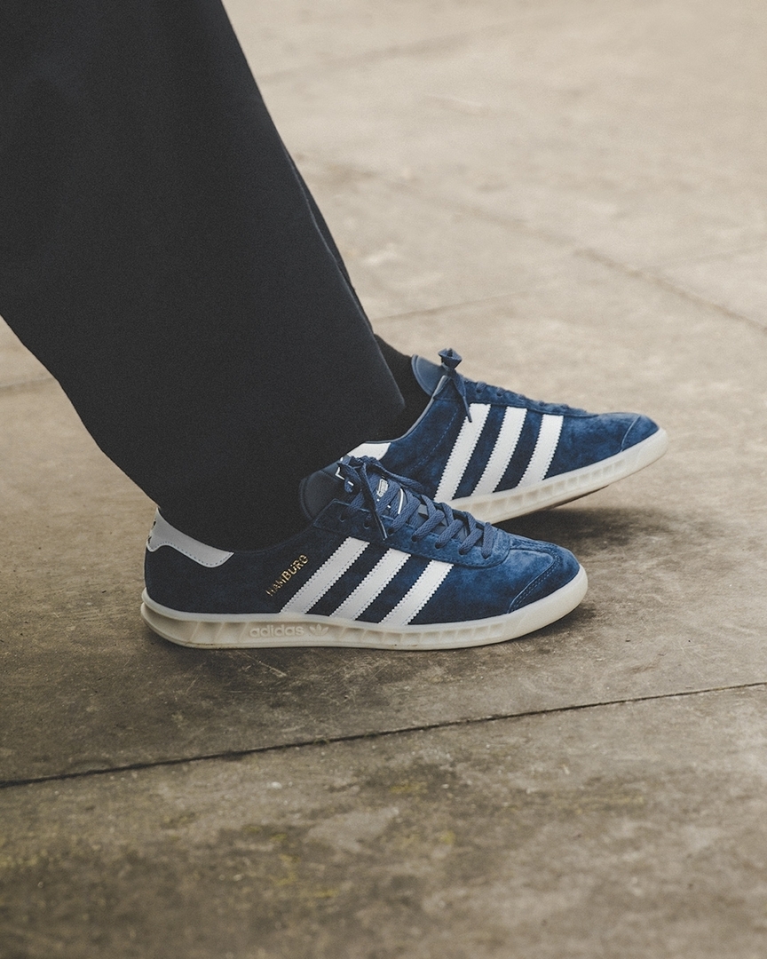 London on Twitter: "Here's an 'On the Foot' look at the adidas Originals Hamburg 'Tech Indigo/White'. online, sizes range from UK6 - UK12 (Including half sizes), priced at £85.
