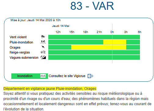 Prefet83's tweet photo. #METEO83 
Jeudi 14 mai 2020 : le #Var est placé en vigilance météorologique JAUNE #pluieinondation et #orages jusqu'en milieu de nuit de jeudi à vendredi.
Infos sur : https://t.co/qtGFlFmbf1
Prudence lors de tout déplacement. https://t.co/RW7rNv2Ef3