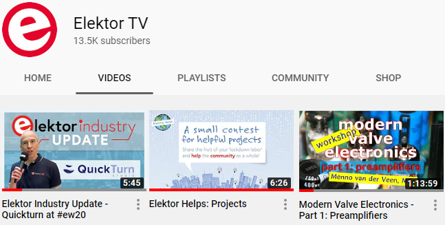 Elektor's tweet photo. Elektor's YouTube channel now has 13,500+ subscribers! Thanks everyone who subscribed. We recently posted videos about: #Arduino, #ElektorHelps, #IoT, #tubeaudio, and more! If you aren't watching, what are you waiting for? https://t.co/chlcr9ai2R #electronics #makerspace #maker https://t.co/cTAVe5Y1H7